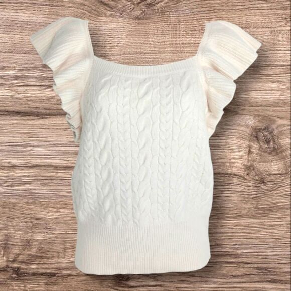 A NEW DAY Cream Off White Cable Knit Flutter Sleeve Tank Sweater Size Small - Picture 3 of 7